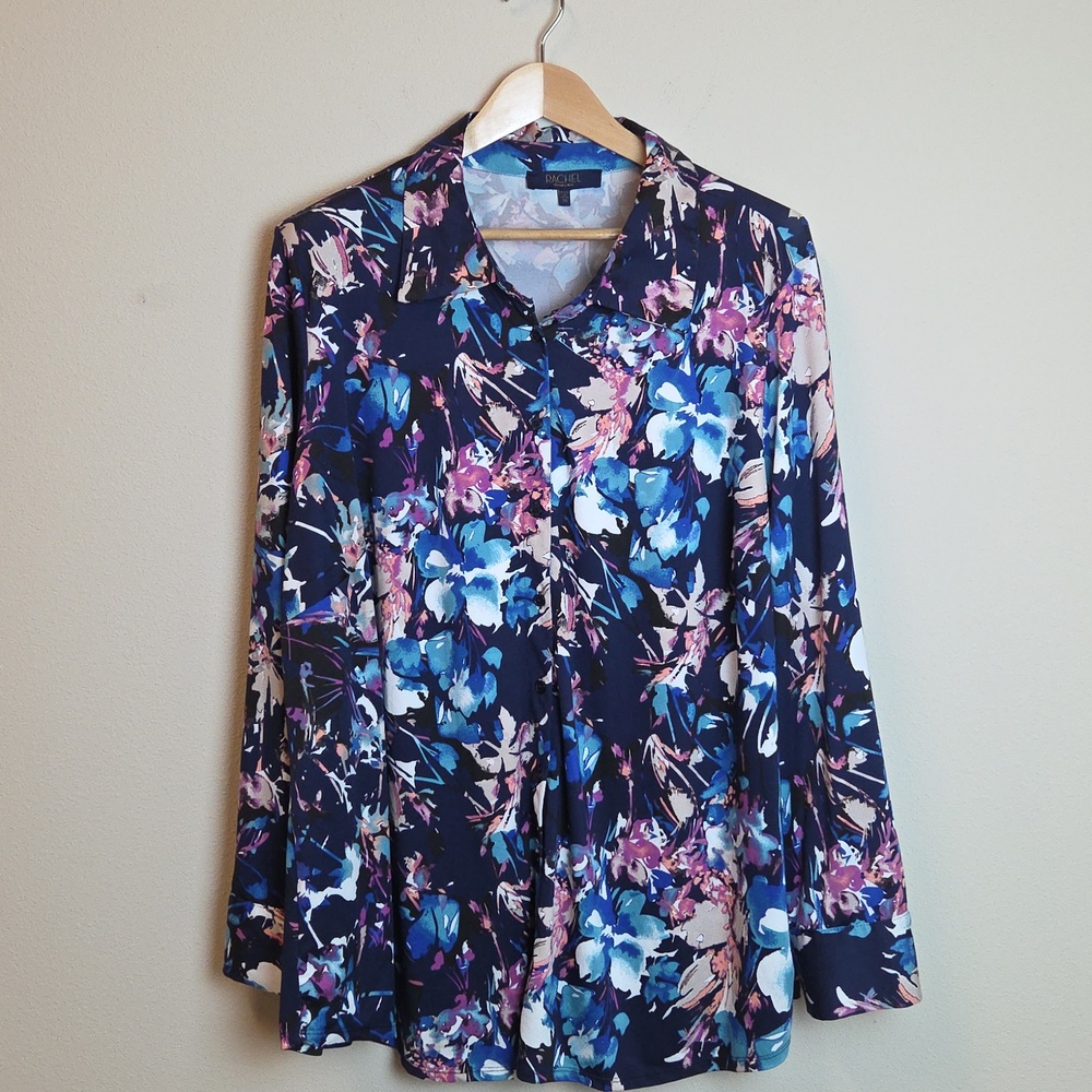 Rachel By Rachel Roy Navy Floral Blouse with Teal, Purple and Pink Accents Sz 3X